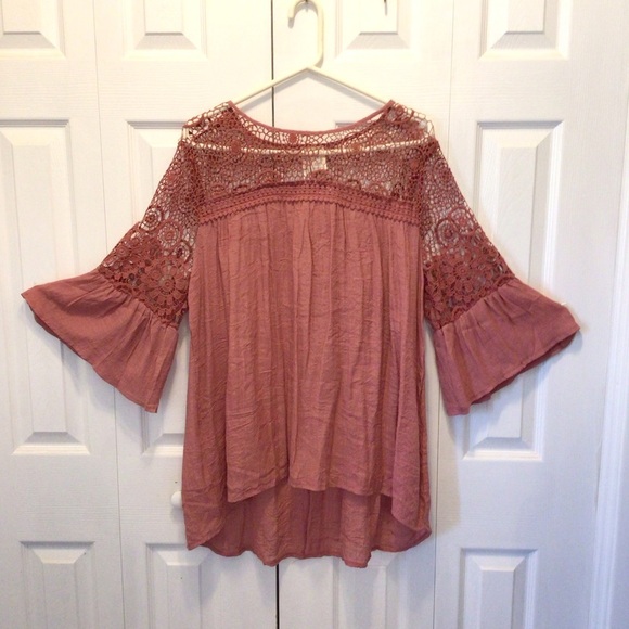 Simply Irresistible Womens Dusty Pink Crocheted Bell Sleeve Tunic Top Size 1X - Picture 1 of 7